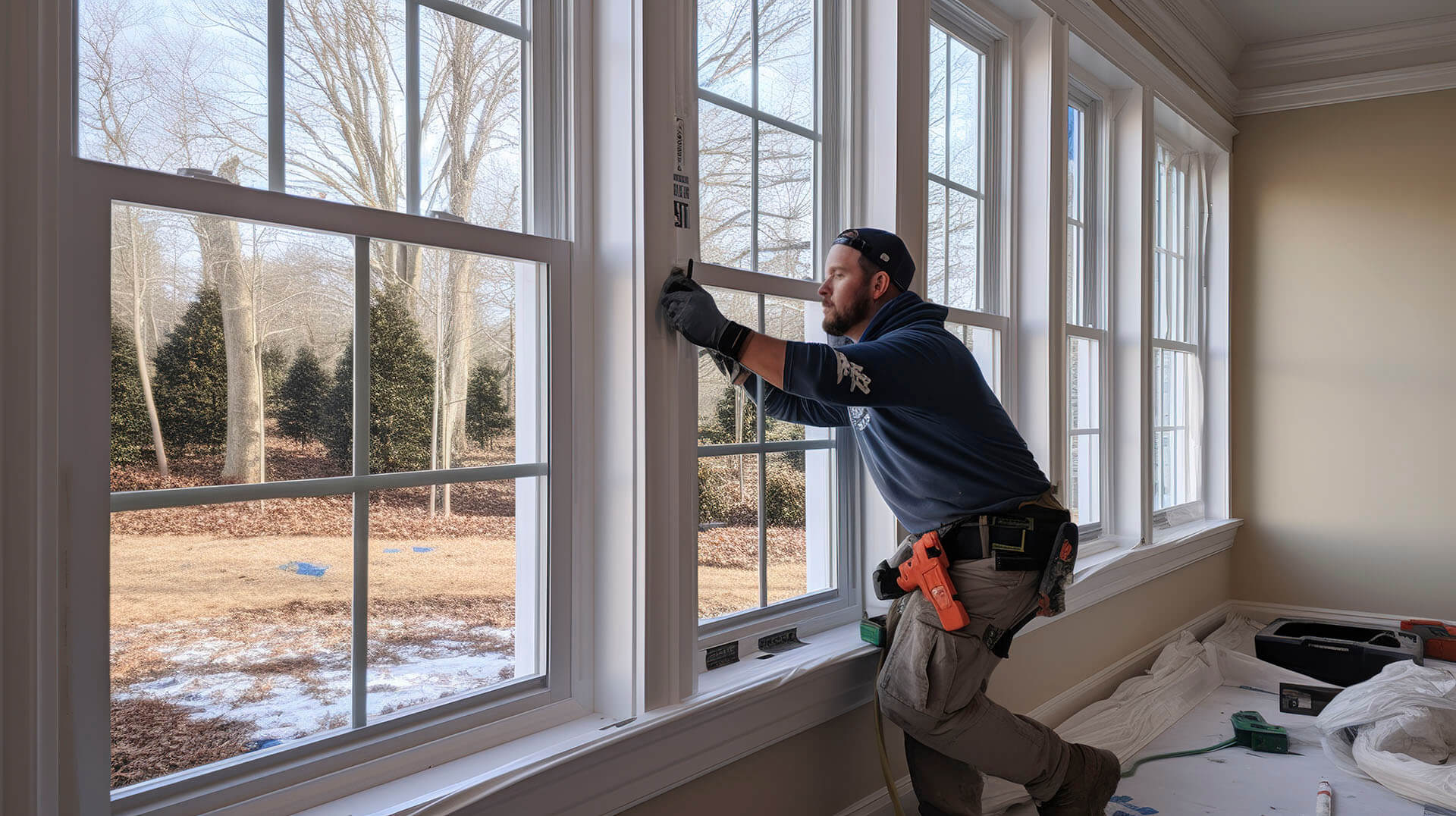 photo homeowner installing energy efficient windows